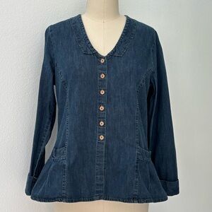 Flax Denim Top/Jacket Lightweight Mid-Wash Button Front Pleated Peplum S